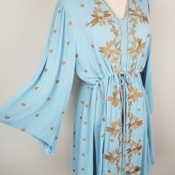 Paparazzi Blue Green Gauzy Dress with Gold Floral Embroidery Women's Size Medium - Picture 9 of 11